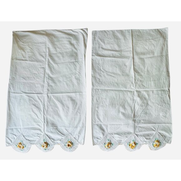 White Pillowcases Crocheted Diamond w/ Gold Rose Trim 30"x20.75" Cotton VTG